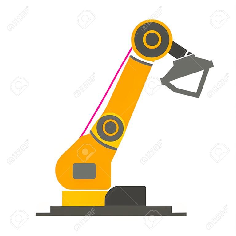 Robotic arm flat style design vector icon icon isolated on white background. Robot arm or hand. Industrial robot manipulator. Modern smart industry 4.0 technology. Automated manufacturing