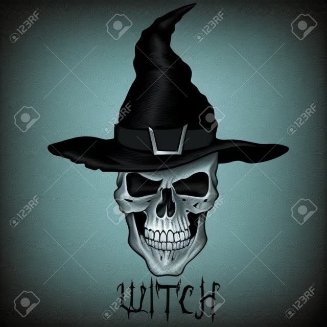 Cabeça de bruxa com hat.Skull face.Engraving estilo. Vector mão desenhada ilustração
