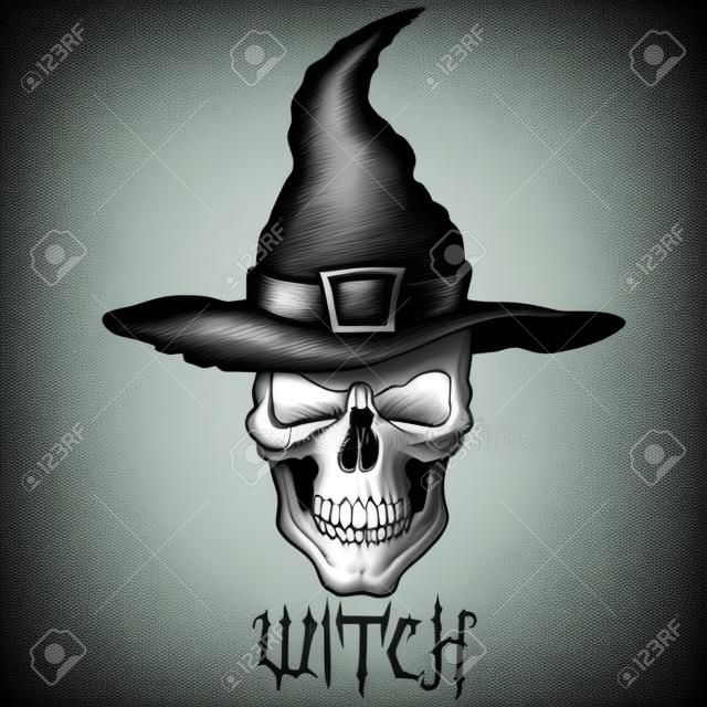 Head of witch with hat.Skull face.Engraving style. Vector hand drawn illustration