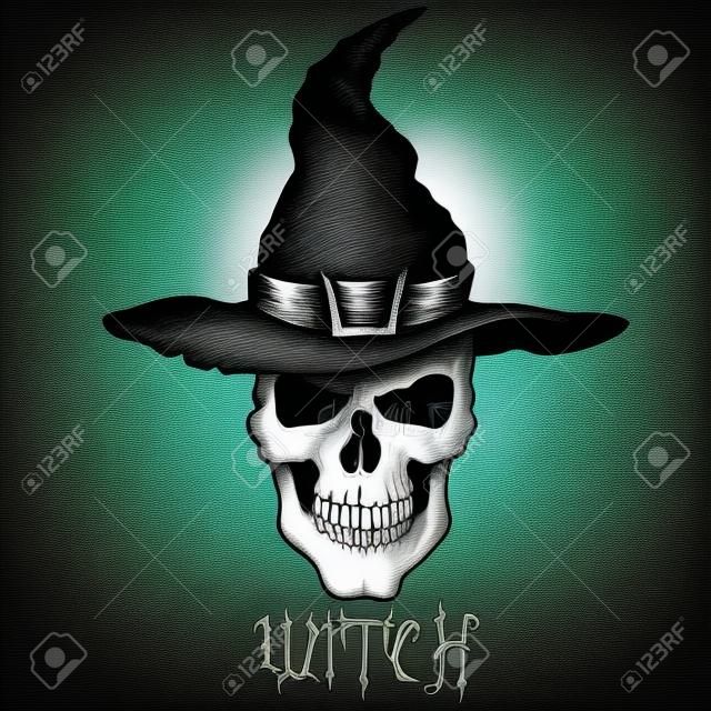 Cabeça de bruxa com hat.Skull face.Engraving estilo. Vector mão desenhada ilustração
