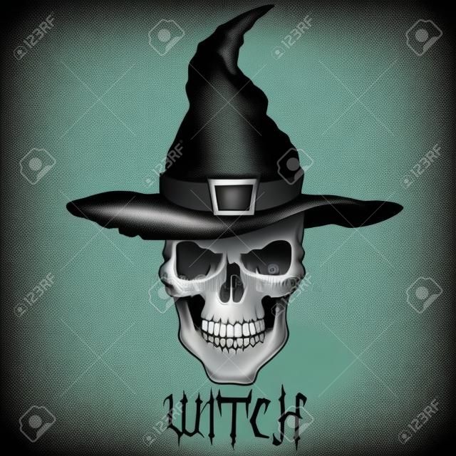 Head of witch with hat.Skull face.Engraving style. Vector hand drawn illustration