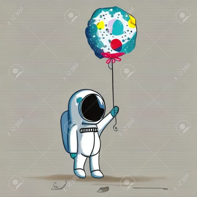 Astronauta bonito mantém balão abstrato como uma lua. Mão desenhada. Ilustração vetorial infantil cósmica