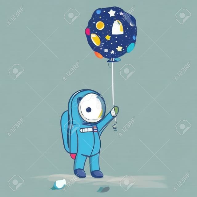 Astronauta bonito mantém balão abstrato como uma lua. Mão desenhada. Ilustração vetorial infantil cósmica