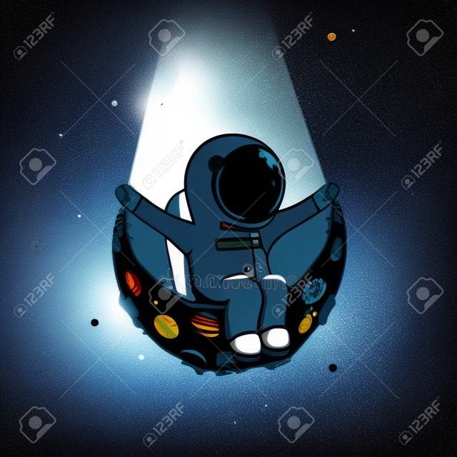 Spaceman est assis sur le croissant de lune. Illustration vectoriellechildish.