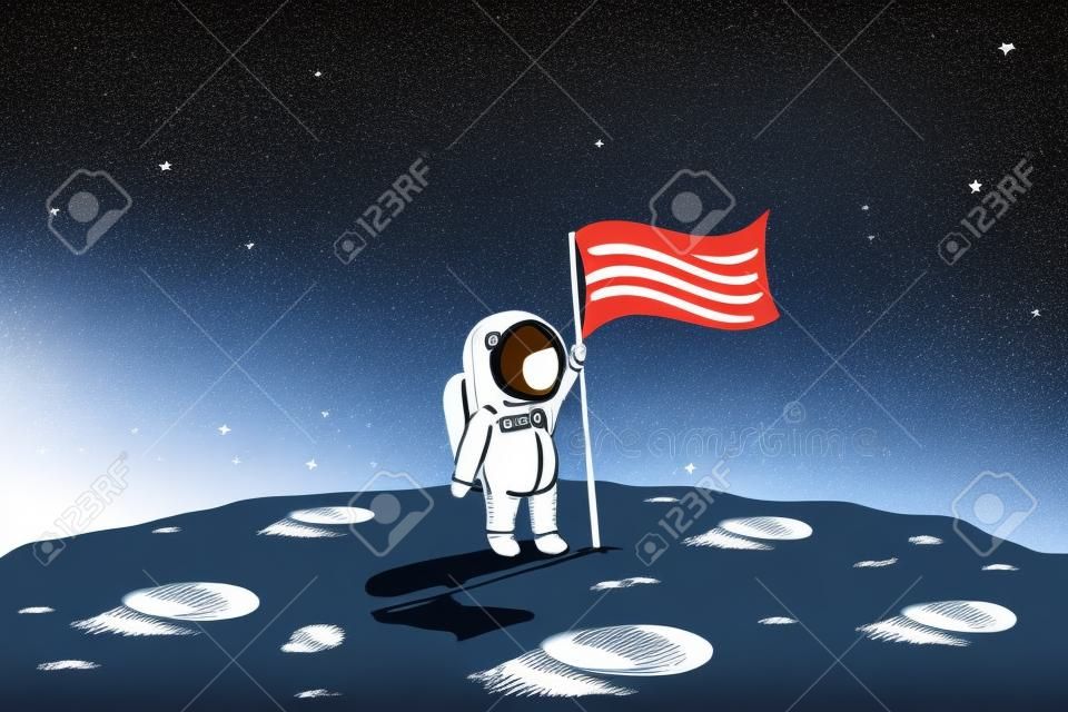 Astronaut mit Flagge steht auf Mond Hand gezeichnete Vektorillustration