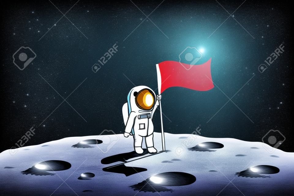 Astronaut mit Flagge steht auf Mond Hand gezeichnete Vektorillustration