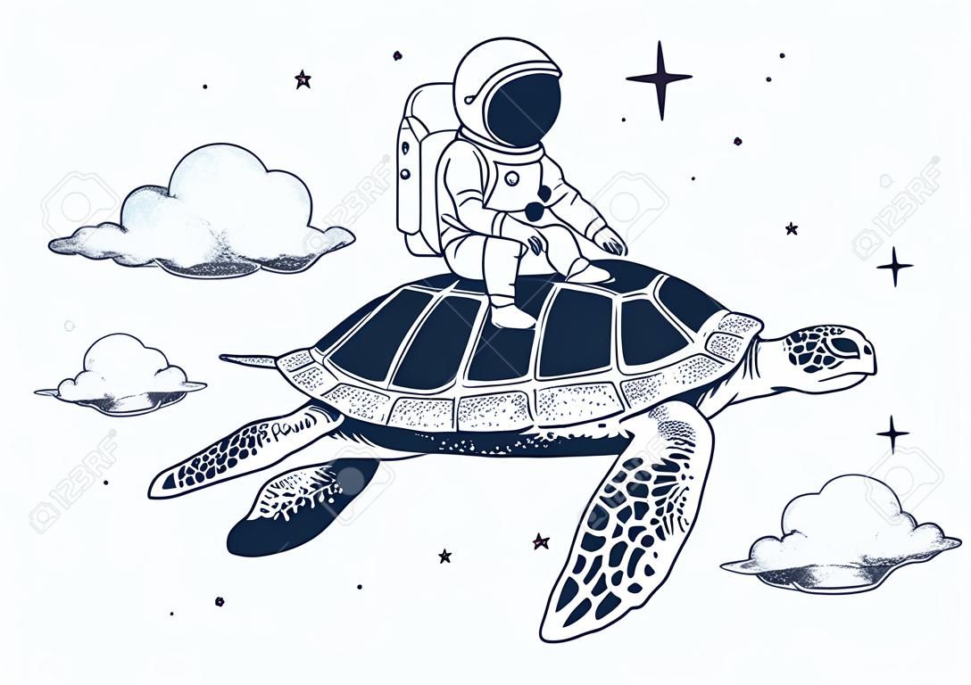 astronaut flying on a turtle