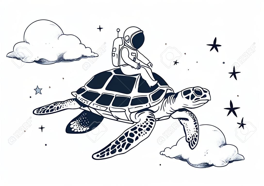 astronaut flying on a turtle