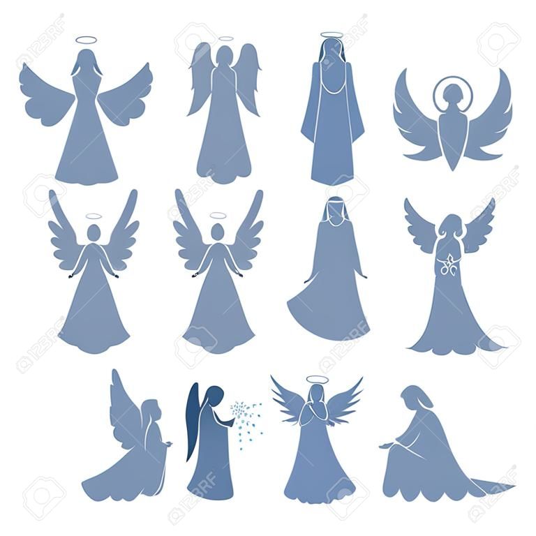 Conjunto de doze anjos com asas simples em um fundo claro. Silhuetas de anjos para cartão, cartaz e banner para a Páscoa, Natal, calendário religioso. Vector isolado figuras de anjos.