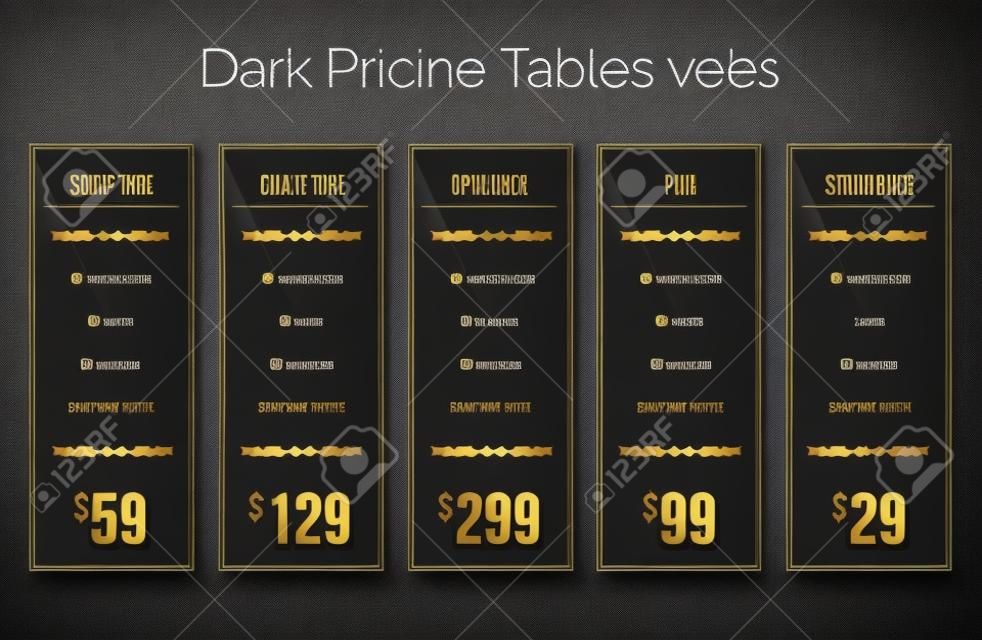 Dark pricing tables - set of five price banner templates suitable for web and e-shops