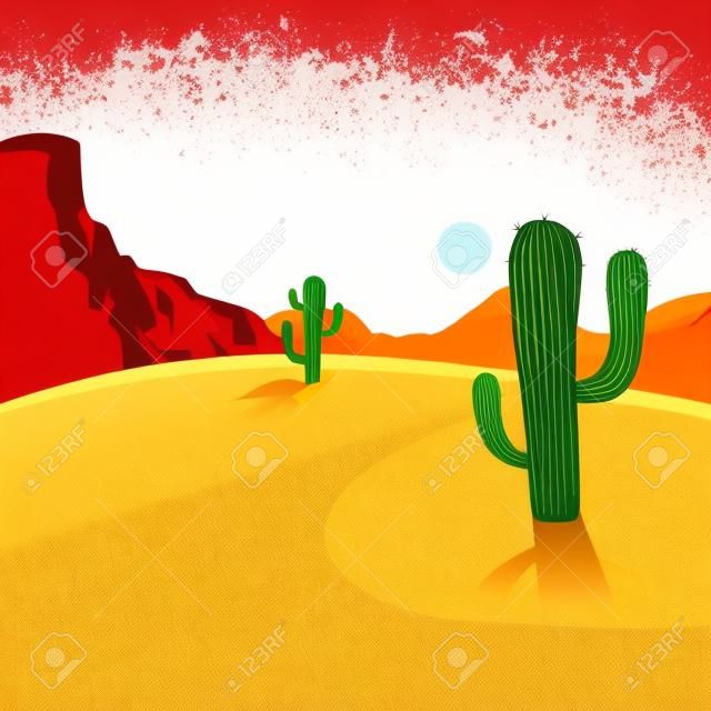 Cartoon illustratie van een woestijn achtergrond met cactussen