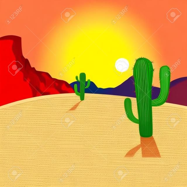 サボテンと砂漠の背景の漫画イラスト