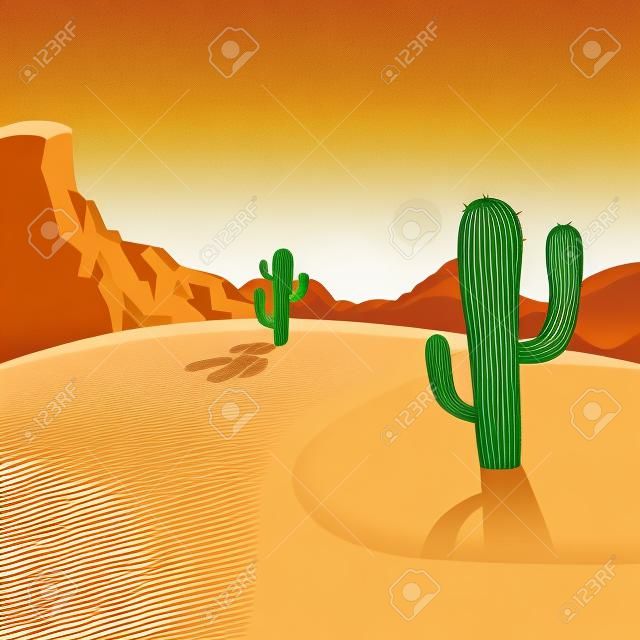Cartoon illustratie van een woestijn achtergrond met cactussen