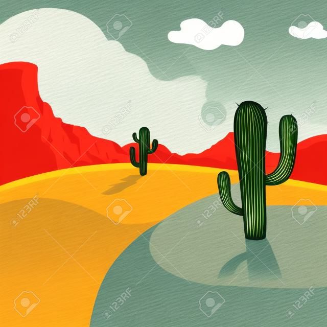 선인장과 사막 배경의 만화 그림