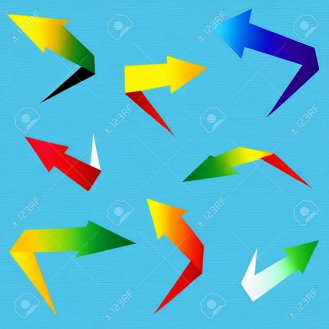 Ilustracja wektorowa kolorowych papierowych ikon strzałek ustawionych do projektowania stron internetowych