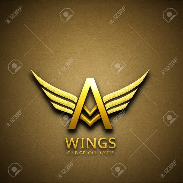 Wings A letter. Golden creative alphabet, air emblem