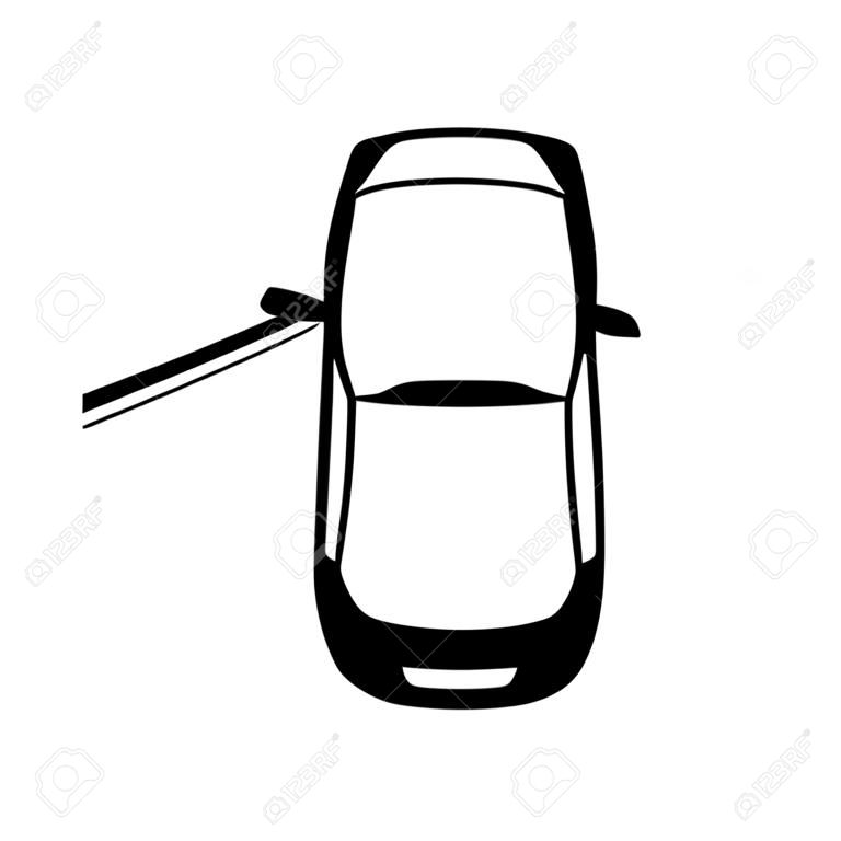 Big black car with open door, top view icon. Sport car, sedan, small mini avto and city automobile. Vector illustration.
