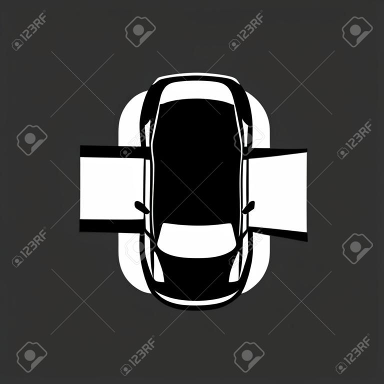 Big black car with open door, top view icon. Sport car, sedan, small mini avto and city automobile. Vector illustration.