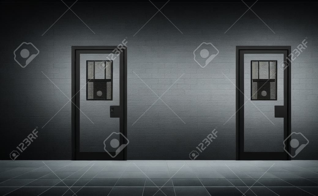 Modne europejskie wnętrze więzienia na ciemnym tle, nowoczesne więzienie z dwoma metalowymi drzwiami