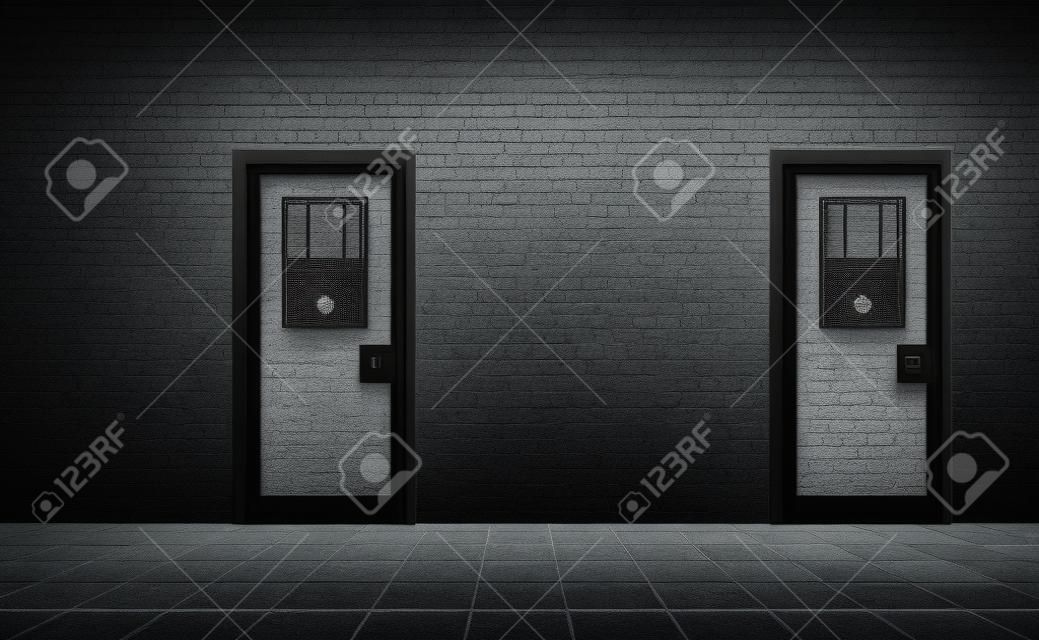 トレンドヨーロッパの刑務所のインテリア、暗い背景。2つの金属ドアを備えたモダンな刑務所。