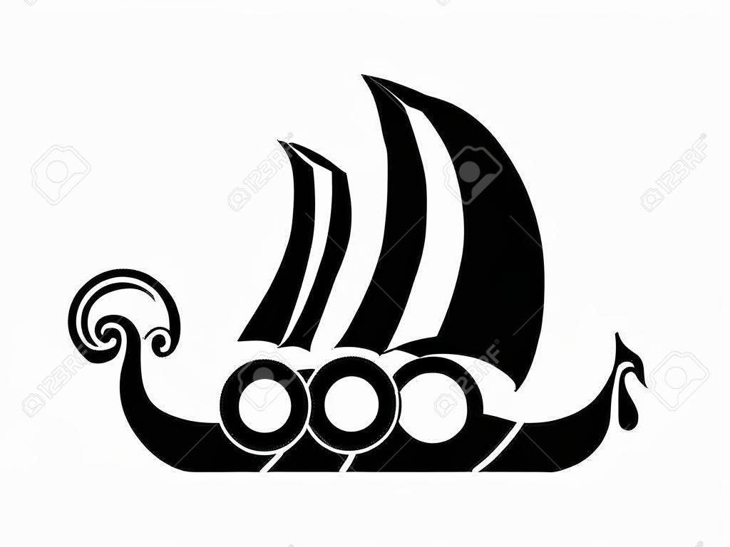 Drakkar segno. Nave da trasporto Viking. Illustrazione Vettoriale. Branding Identity Corporate logo modello di progettazione Isolato su uno sfondo bianco