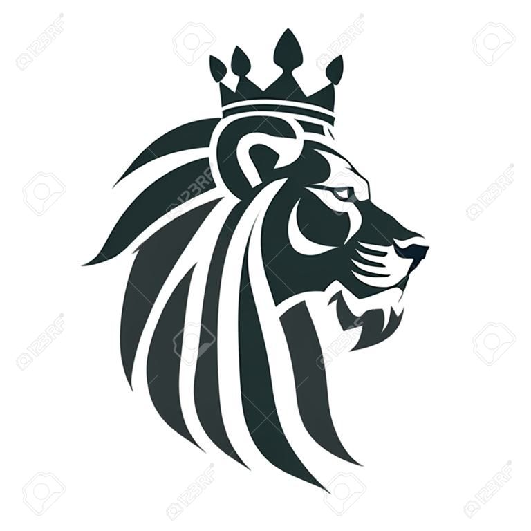 A cabeça de um leão com uma coroa real. Ilustração vetorial ou modelo para negócios