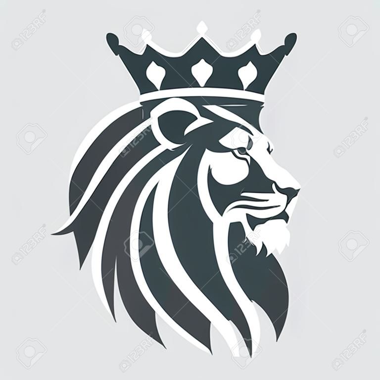 A cabeça de um leão com uma coroa real. Ilustração ou modelo do vetor para o negócio