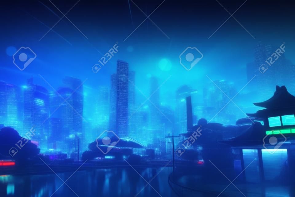 Futuristic cityscape with neon lights at night. Surreal abstract modern city wallpaper.