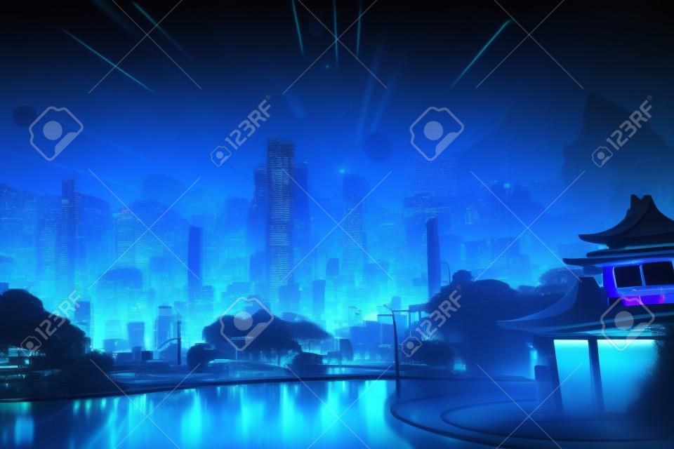 Futuristic cityscape with neon lights at night. Surreal abstract modern city wallpaper.