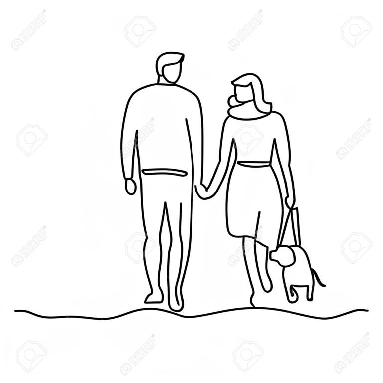 Couple walking with a dog one line vector illustration