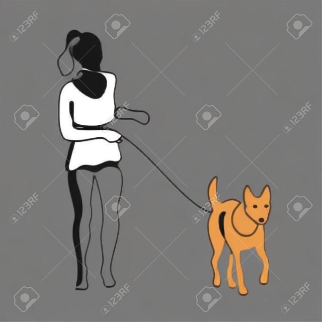 Girl walking with a dog one line vector illustration