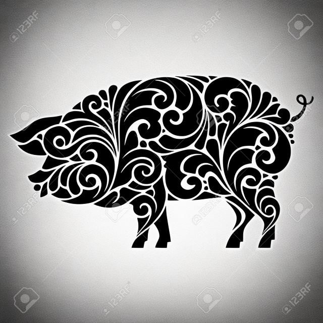 Ornamental decorativo cerdo silueta diseño remolinos decorativos rizos elementos patrón. plantilla de logotipo para carnicería, menú