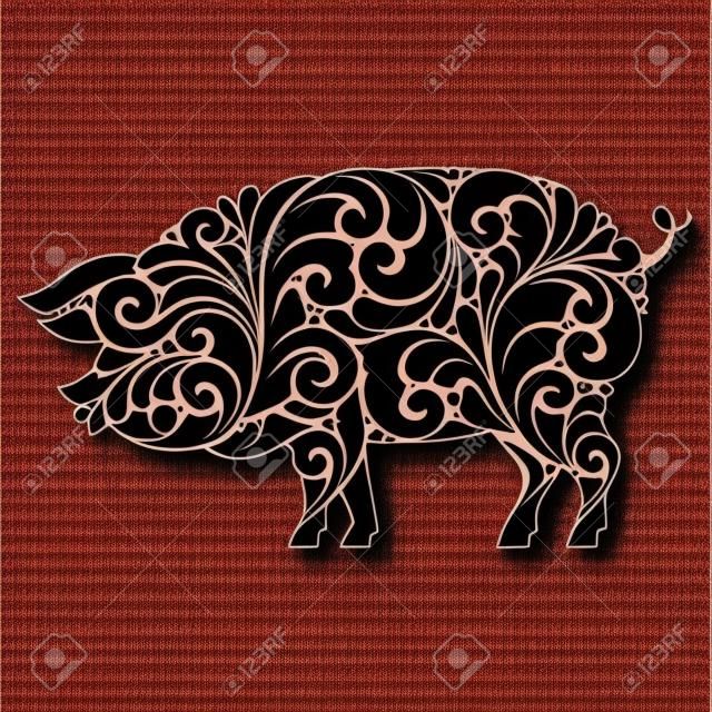 Ornamental decorativo cerdo silueta diseño remolinos decorativos rizos elementos patrón. plantilla de logotipo para carnicería, menú