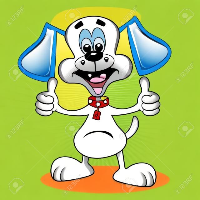Um cão de desenho animado feliz com grande sorriso e polegares para cima