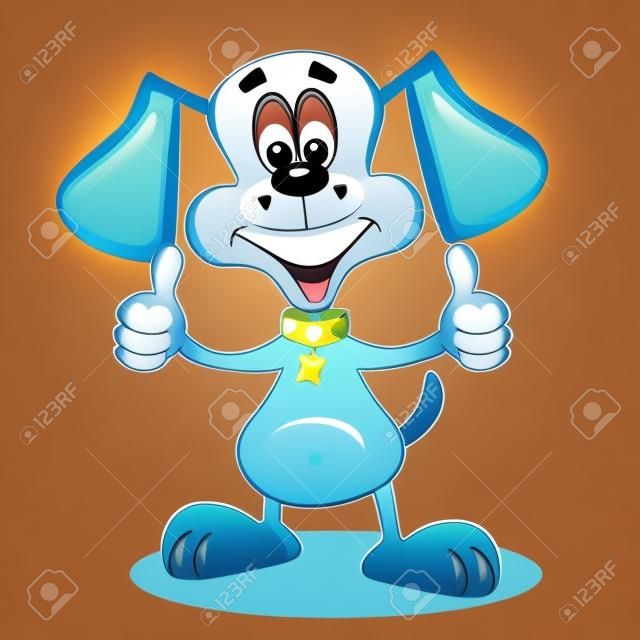 Un perro de la historieta feliz con gran sonrisa y los pulgares para arriba