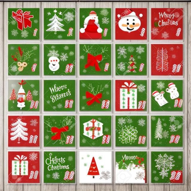 Calendario dell'avvento di Natale con Babbo Natale, renne, vischio, albero, pupazzo di neve e modello regalo per poster, banner.