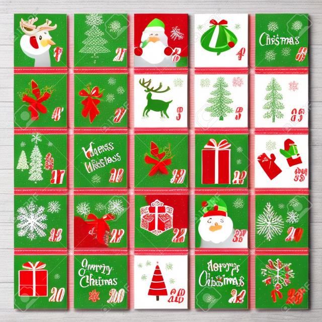 圣诞节来临日历与圣诞老人，驯鹿，槲寄生，树，雪人和礼物模板的海报，横幅。