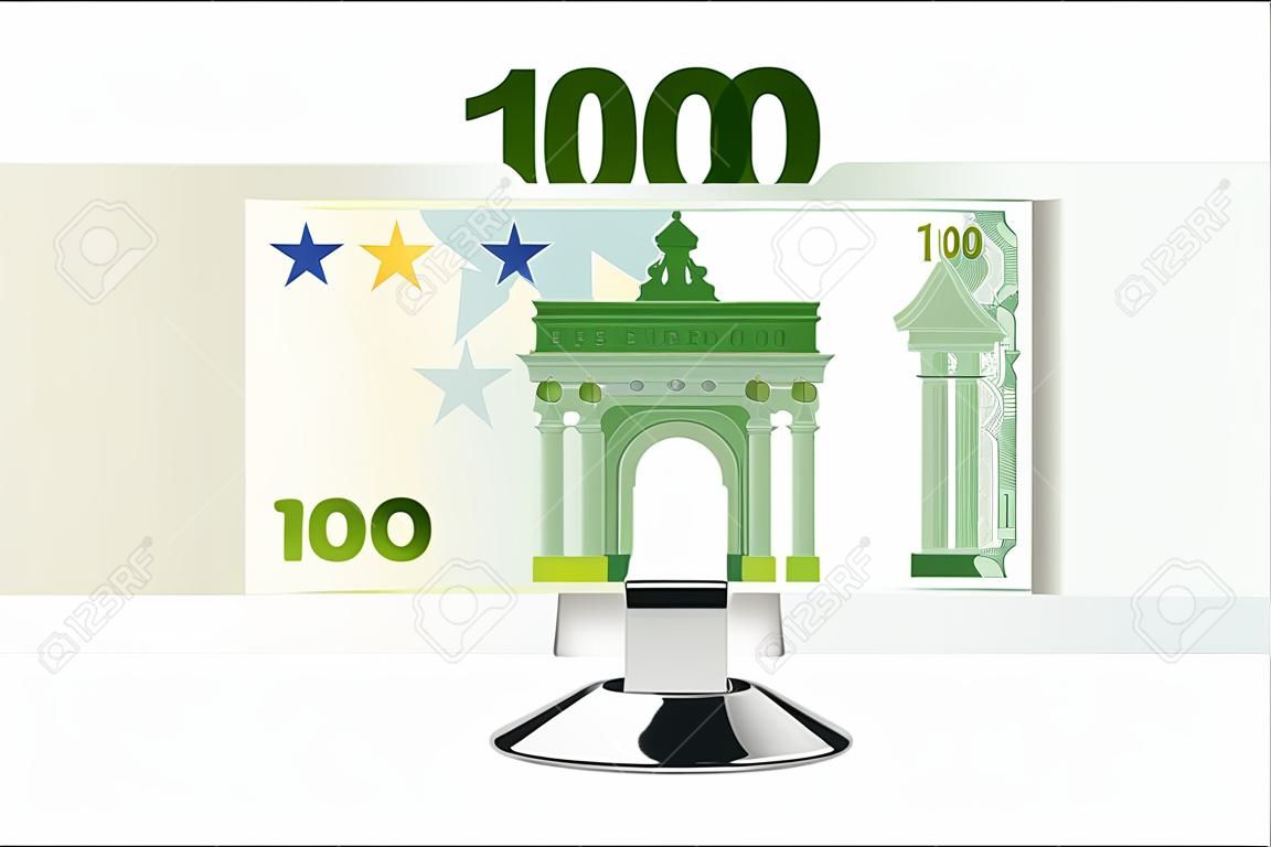 Supporto piccola scrivania con 100 banconote in euro isolato su bianco
