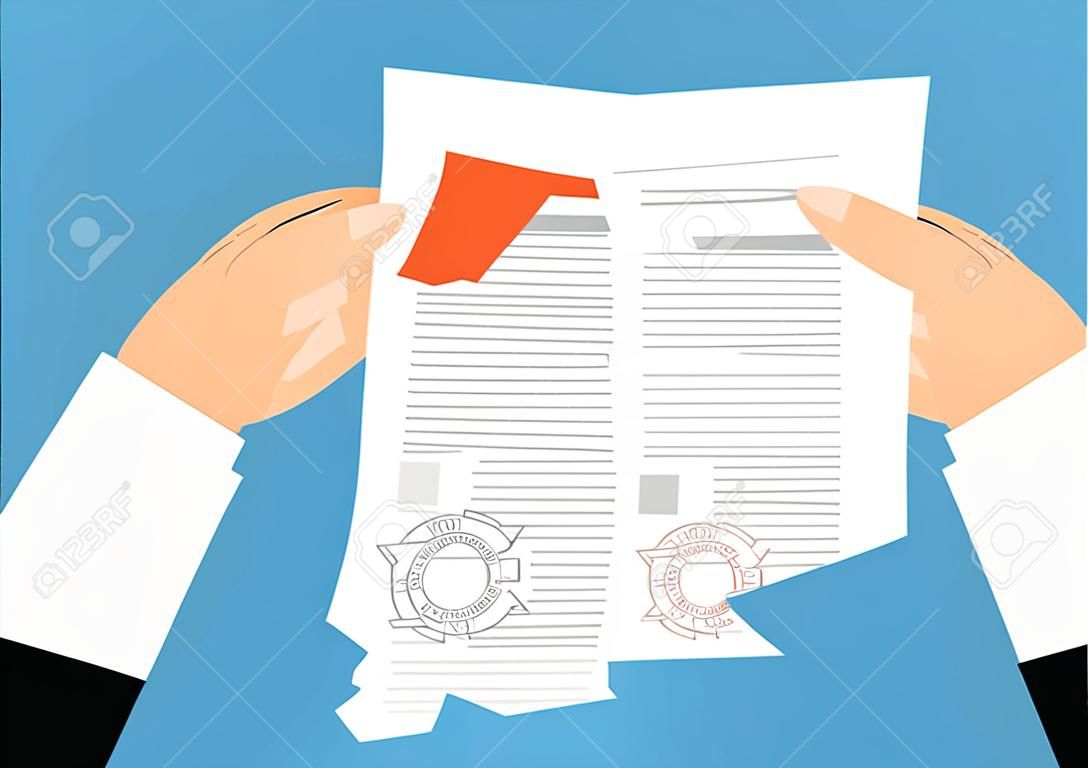 Businessman hands tearing apart contract. Contract termination concept. vector illustration in flat design