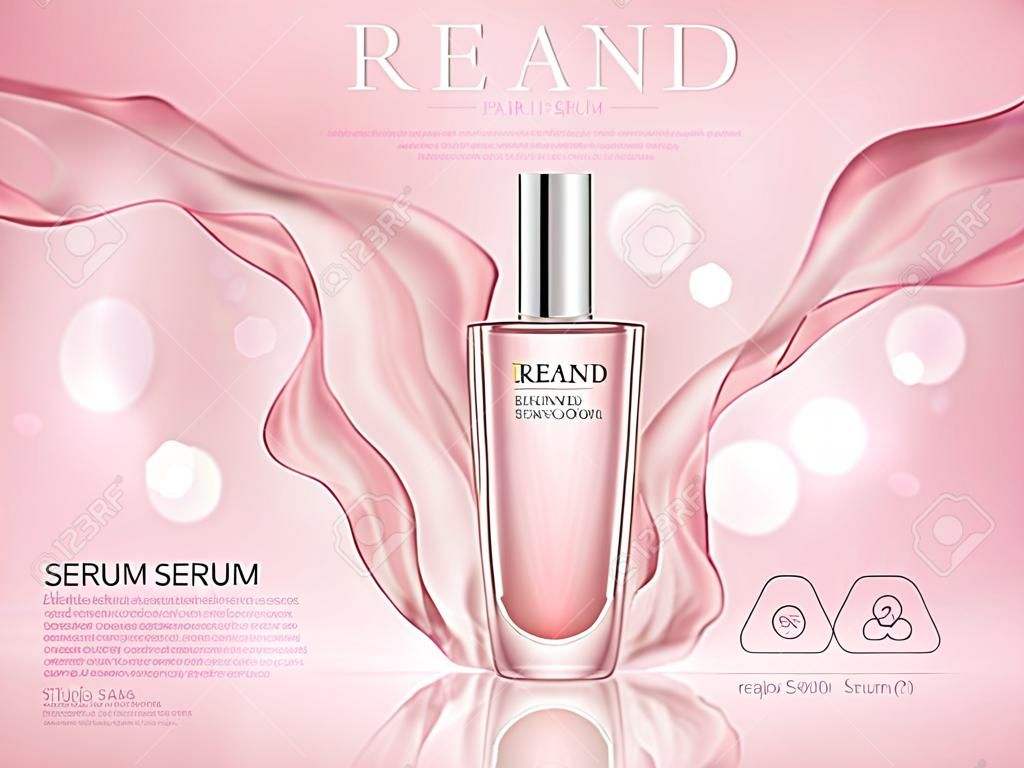 Repair serum ad, pink bokeh background with soft pink chiffon, 3d illustration