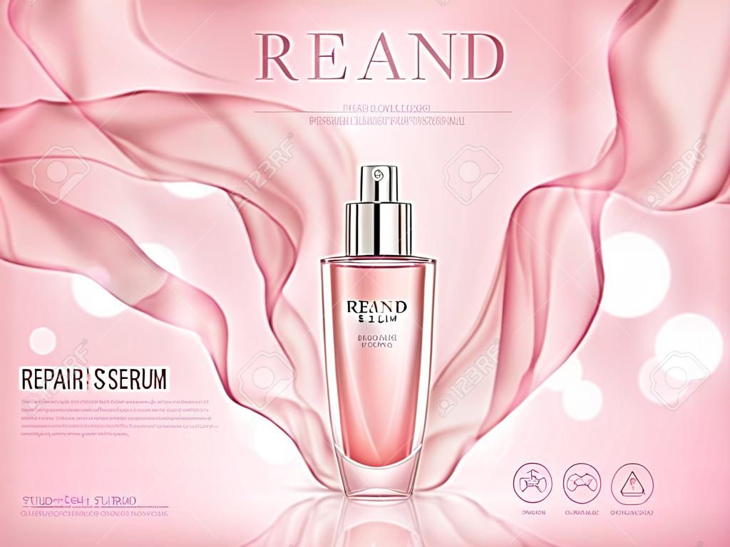 Repair serum ad, pink bokeh background with soft pink chiffon, 3d illustration