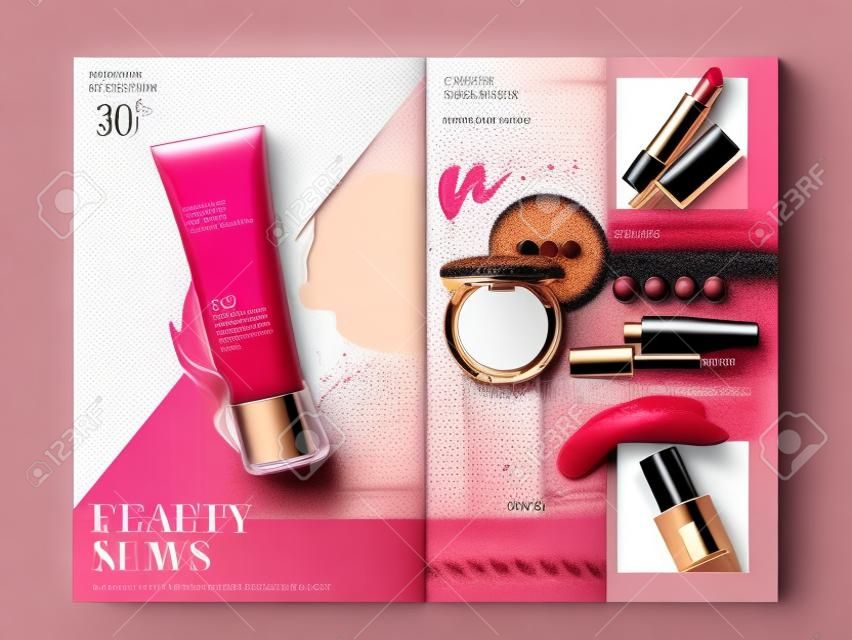 Kosmetikbroschüre mit Produkten wie Wimperntusche, Fundament und Lippenstift, Illustration 3d