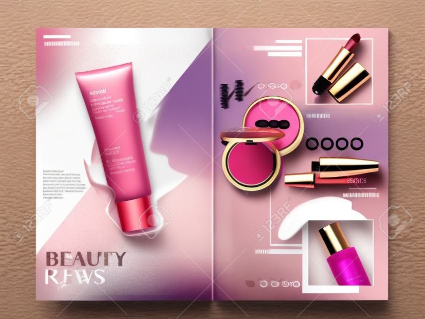 Kosmetikbroschüre mit Produkten wie Wimperntusche, Fundament und Lippenstift, Illustration 3d