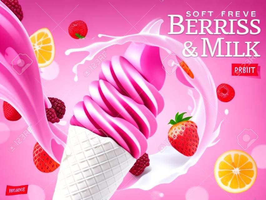 Berries and milk soft serve ads, refreshing fruit ice cream ads template with flowing milk and fruits isolated on bokeh background in 3d illustration