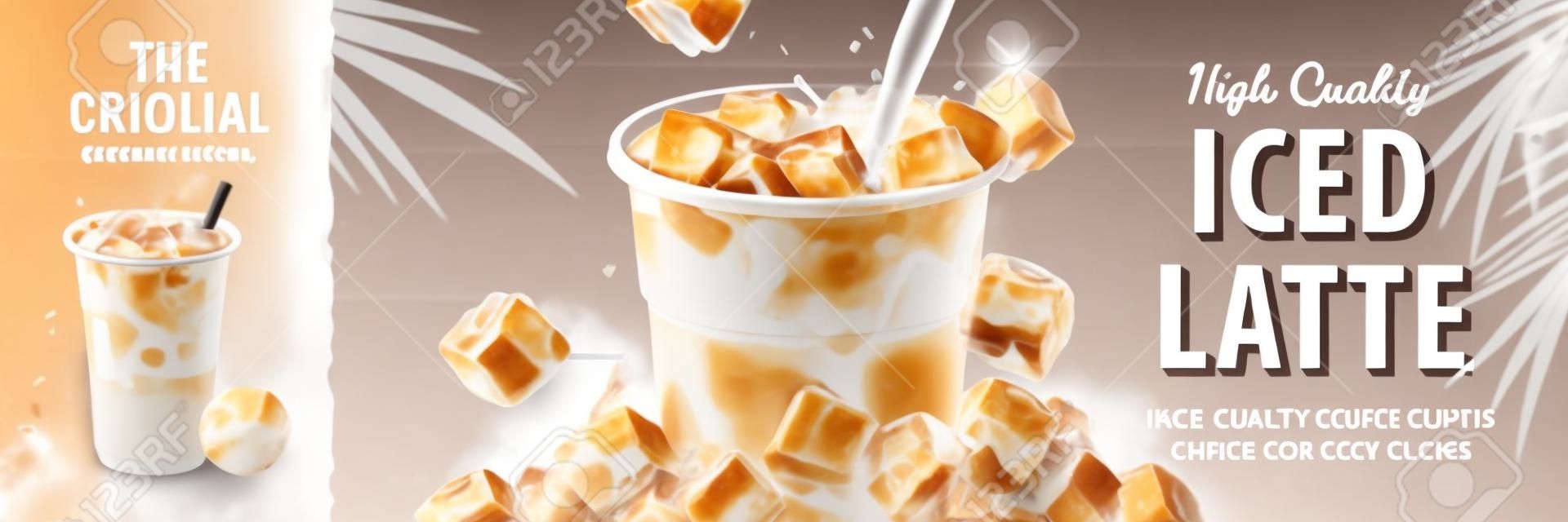 Bannière de latte glacée avec du lait versé dans une tasse à emporter et des glaçons autour, illustration 3d