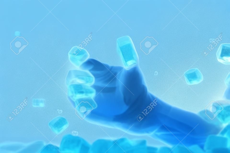 Ice grabbing hand with flying ice cubes on blue background in 3d illustration