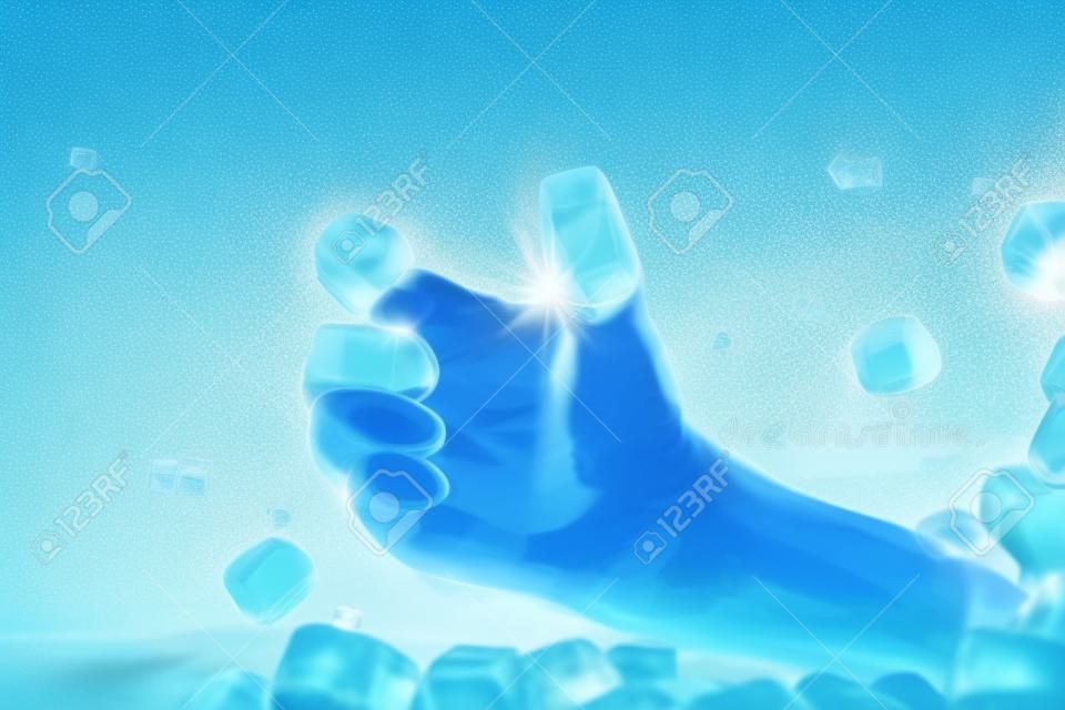 Eisgreifende Hand mit fliegenden Eiswürfeln auf blauem Hintergrund in 3D-Darstellung