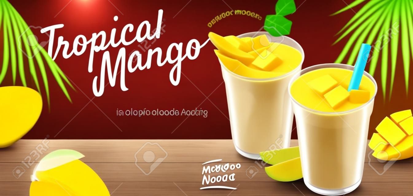 Banery reklamowe smoothie z mango na tablicy i tle drewnianego stołu w ilustracji 3D