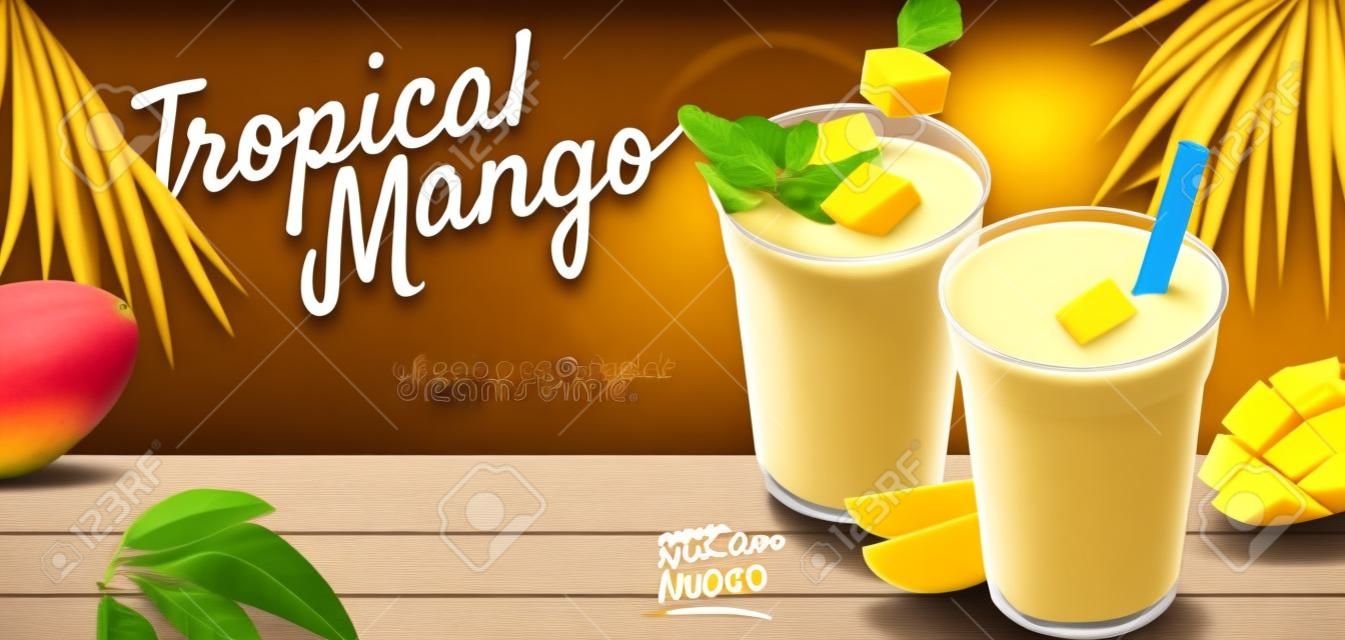 Banery reklamowe smoothie z mango na tablicy i tle drewnianego stołu w ilustracji 3D