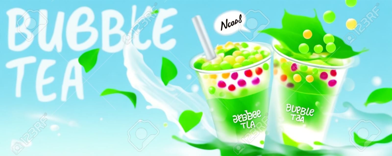 Anúncios de banner de chá de bolha com leite espirrando e folhas verdes, ilustração 3d